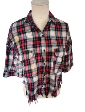 ZARA Trafaluc Collection Plaid Flannel Crop Top Fringe Hem 3/4 Sleeves Size XS